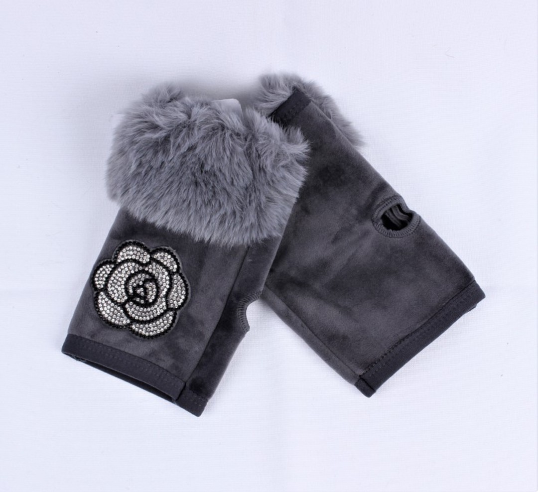 Winter ladies glove w diamante rose and faux fur cuff fingerless grey Style; S/LK4860 image 0
